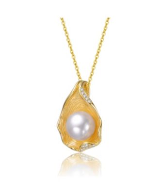 Sterling Silver 14K Gold Plated with Freshwater Pearl Mollusk Pendant Necklace