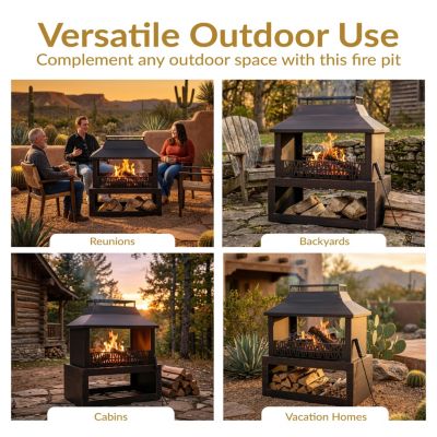 Backyard Blaze Heavy-Duty Steel Outdoor Fireplace - Built-In Log Storage and Protective Cover - 35-Inch H - Brushed Bronze