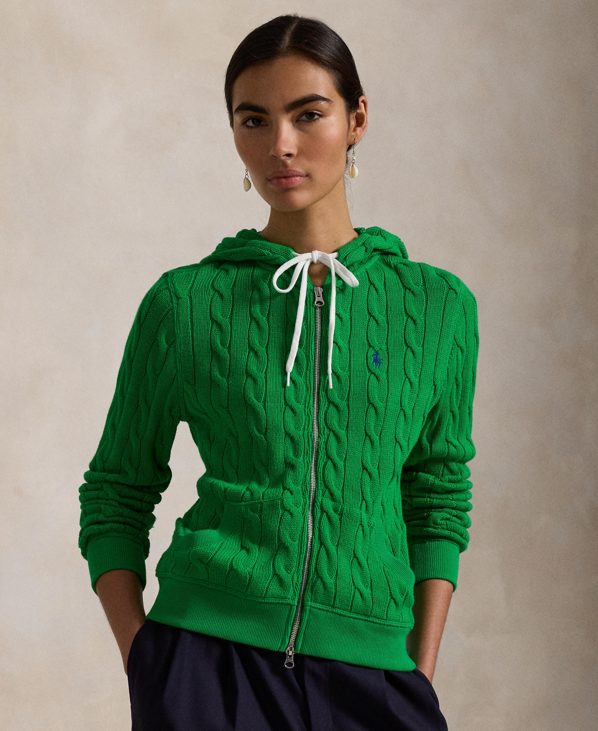 Polo Ralph Lauren Cable-knit Cotton Full-zip Hoodie In Bright Clover