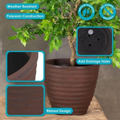 Indoor/Outdoor Round Ribbed Polyresin Planter Pot with Double Wall Design - Rust - 16"