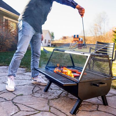 Steel Grilling Fire Pit with Mesh Spark Screen and Protective PVC Cover - Black - 36." W x 32.5" D x 23.75" H