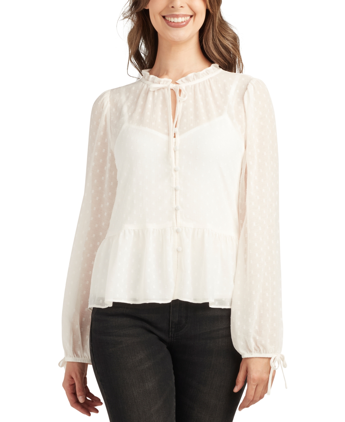 Juniors' Swiss-Dot Peplum-Hem Tie-Cuff Blouse - Ivory
