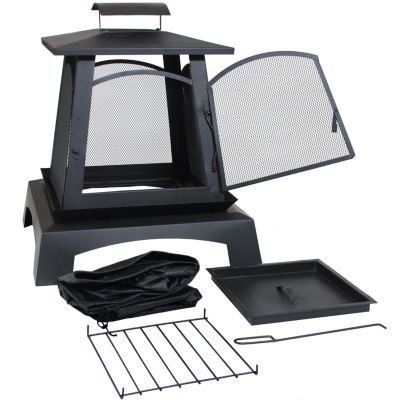 Outdoor Camping or Backyard Steel Pagoda Style Fire Pit with Log Poker and Wood Grate - 32" - Black