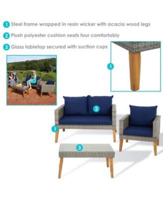 Outdoor Rattan and Acacia Wood Clifdon Patio Furniture Set with Loveseat, Chairs, Table, and Seat Cushions - Navy Blue - 4pc