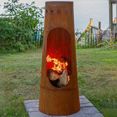 Outdoor Backyard Patio Steel Santa Fe Wood-Burning Fire Pit Chiminea with Wood Grate - 50" - Rustic Finish