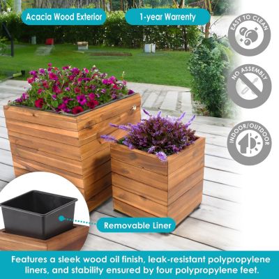 Indoor/Outdoor Square Acacia Wood Planter Box with Plastic Liner - 2pk