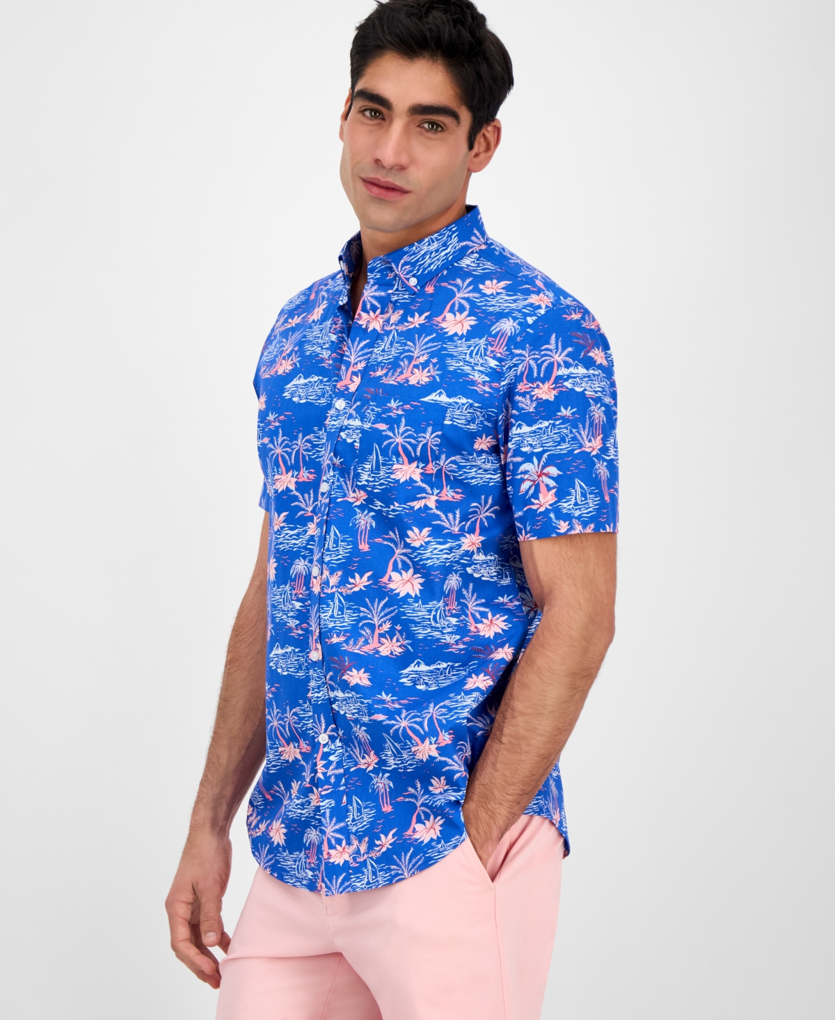 Club Room Men's Palmera Scene Regular-fit Stretch Printed Button-down Poplin Shirt, Exclusively At Macy's In Blue