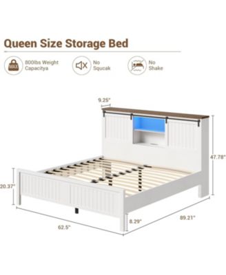 Farmhouse Bed Frame with LED Lights and Charging Station, Wooden Platform Bed with Storage Bookcase Headboard, Bed Frame with Sliding Barn Door, No Box Spring Needed