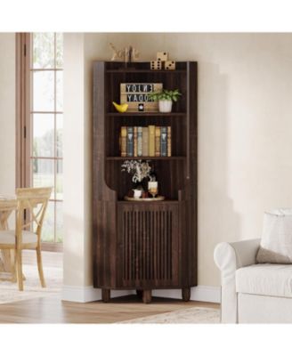 68-Inch Tall Corner Cabinet, Farmhouse Kitchen Storage Cabinet with Doors and Shelves, Rustic Wood Corner Display Cabinet