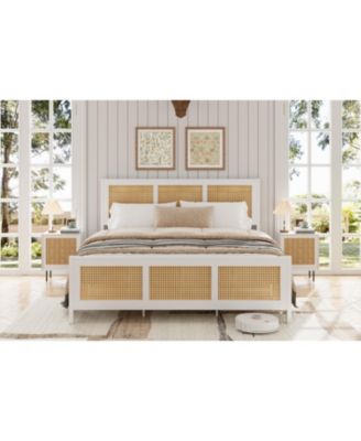 Queen Size Rattan Bed Frame with Headboard, Boho Cane Platform Bed Frame with Strong Metal Slat