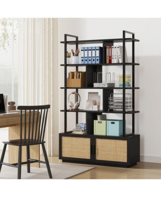 5 Tier Rattan Bookshelf with Storage Cabinet & Door