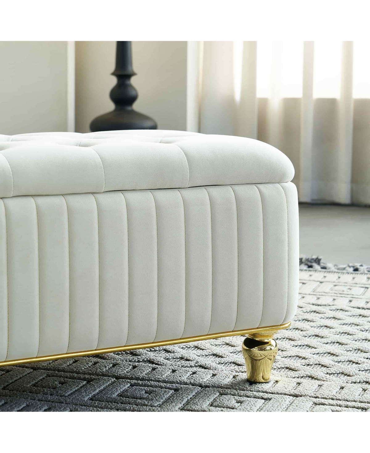 47.24" W Velvet Storage Ottoman Bench with Gold Embroidery, Modern Footstool for Living Room & Bedroom-The Pop Home