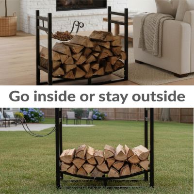 Indoor/Outdoor Steel Fire Pit or Fireplace Firewood Log Rack Holder with Kindling Storage Space - 33"