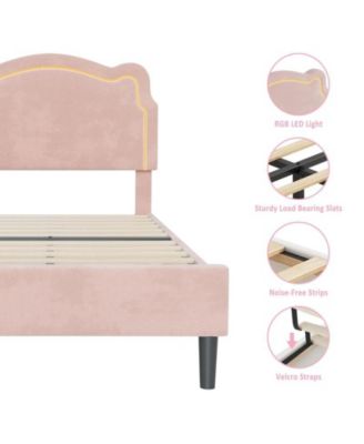 Twin Upholstered Smart LED Bed Frame with Adjustable Bear Headboard, Velvet Princess Platform Bed Frame for Kids/Girls, Wooden Slats Support, No Box Spring Needed, Easy Assembly
