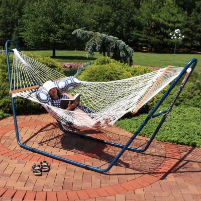 Outdoor 2-Person Double Polyester Rope Hammock with Wood Spreader Bar and Matte Blue Steel Multi-Use Stand