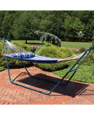 Outdoor 2-Person Double Polyester Quilted Hammock with Wood Spreader Bar and Matte Blue Steel Multi-Use Stand - Catalina Beach