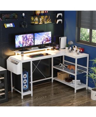 L Shaped Computer Desk with Power Outlets & LED Light, 49.6" Reversible Corner Computer Desk
