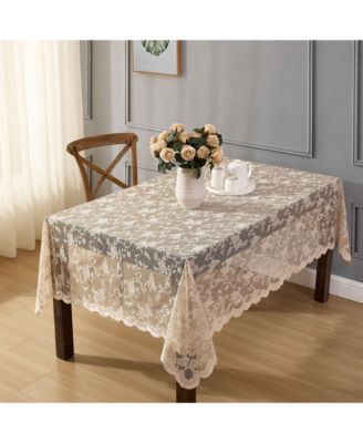 Harper Floral Lace Fabric Tablecloth, Table Cloth for Rectangle Tables, Wrinkle Resistant, Patterned Scalloped (60 W x 104 L, Linen Taupe