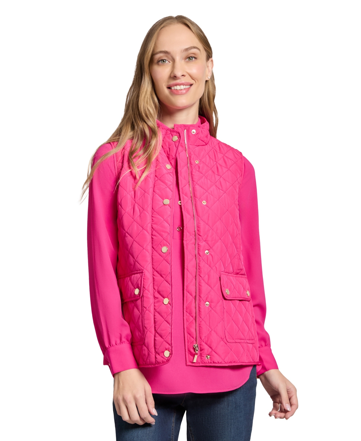 Jones New York Petite Mock-neck Quilted Puffer Vest In Azalea