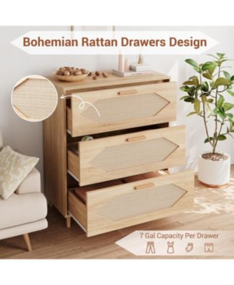 3-Drawer Wood & Rattan Dresser with Spacious Storage, Modern Design, Bedroom Closet Chest/Nightstand