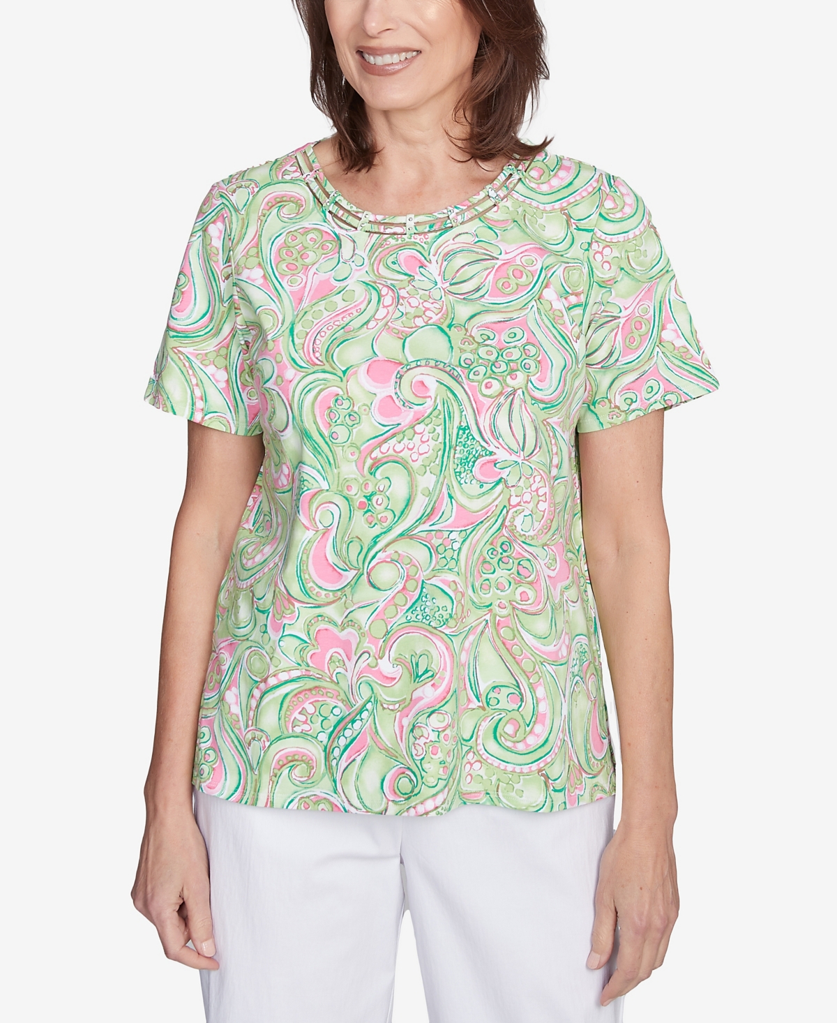 Alfred Dunner Women's Abstract Scroll Crew Neck Top In Green