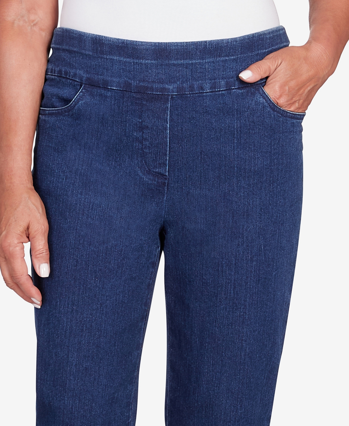 Alfred Dunner Petite Classic Neutrals Superstretch Denim Fringe Capri Pants In Dark Denim