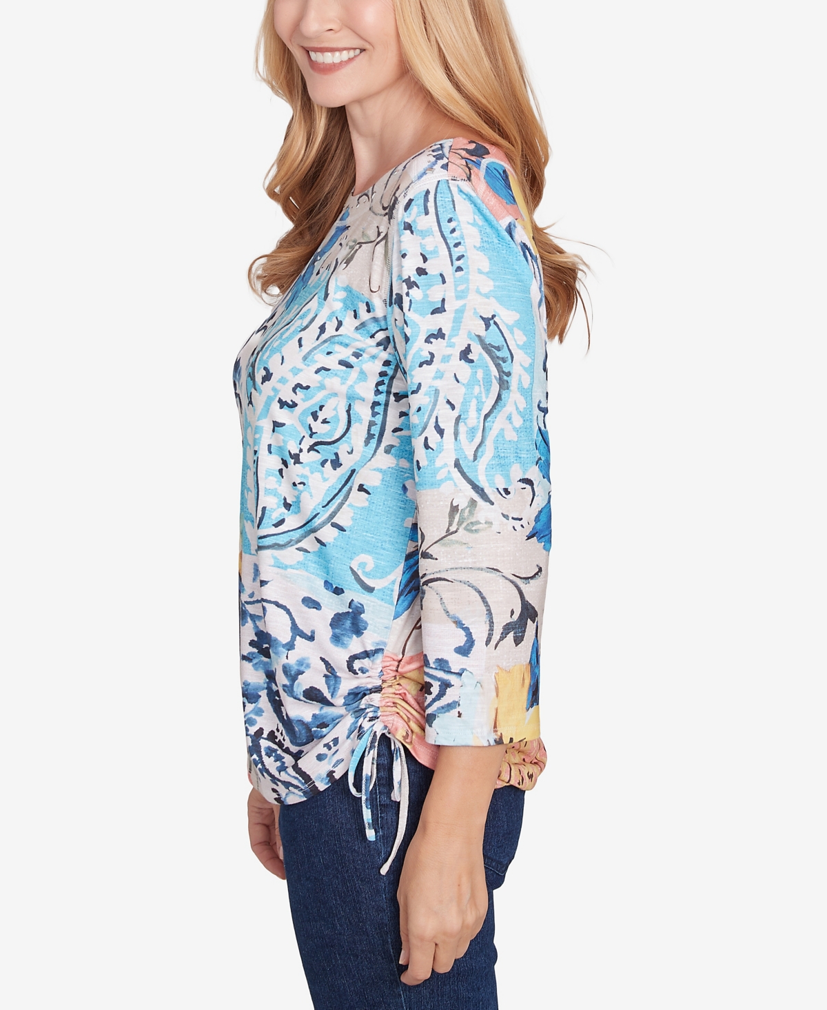 Alfred Dunner Petite Classics Floral Patch Drawstring Top In Navy Multi