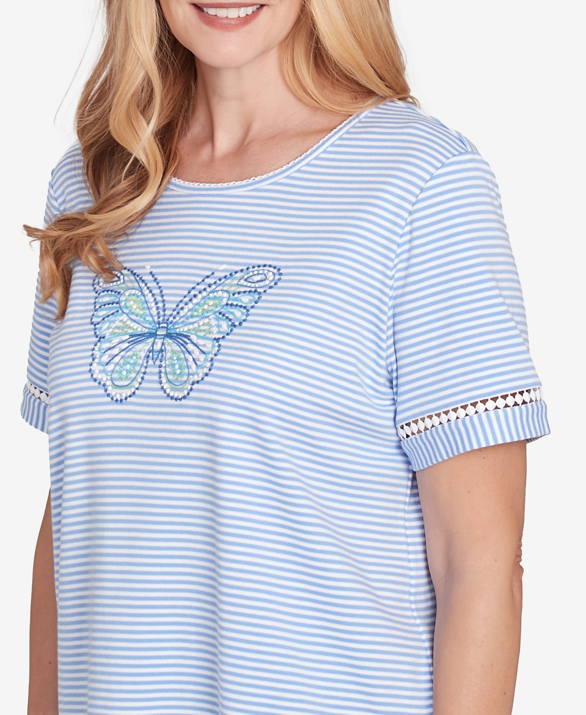 Alfred Dunner Petite Classics Striped Butterfly Short Sleeve T-shirt In Iris