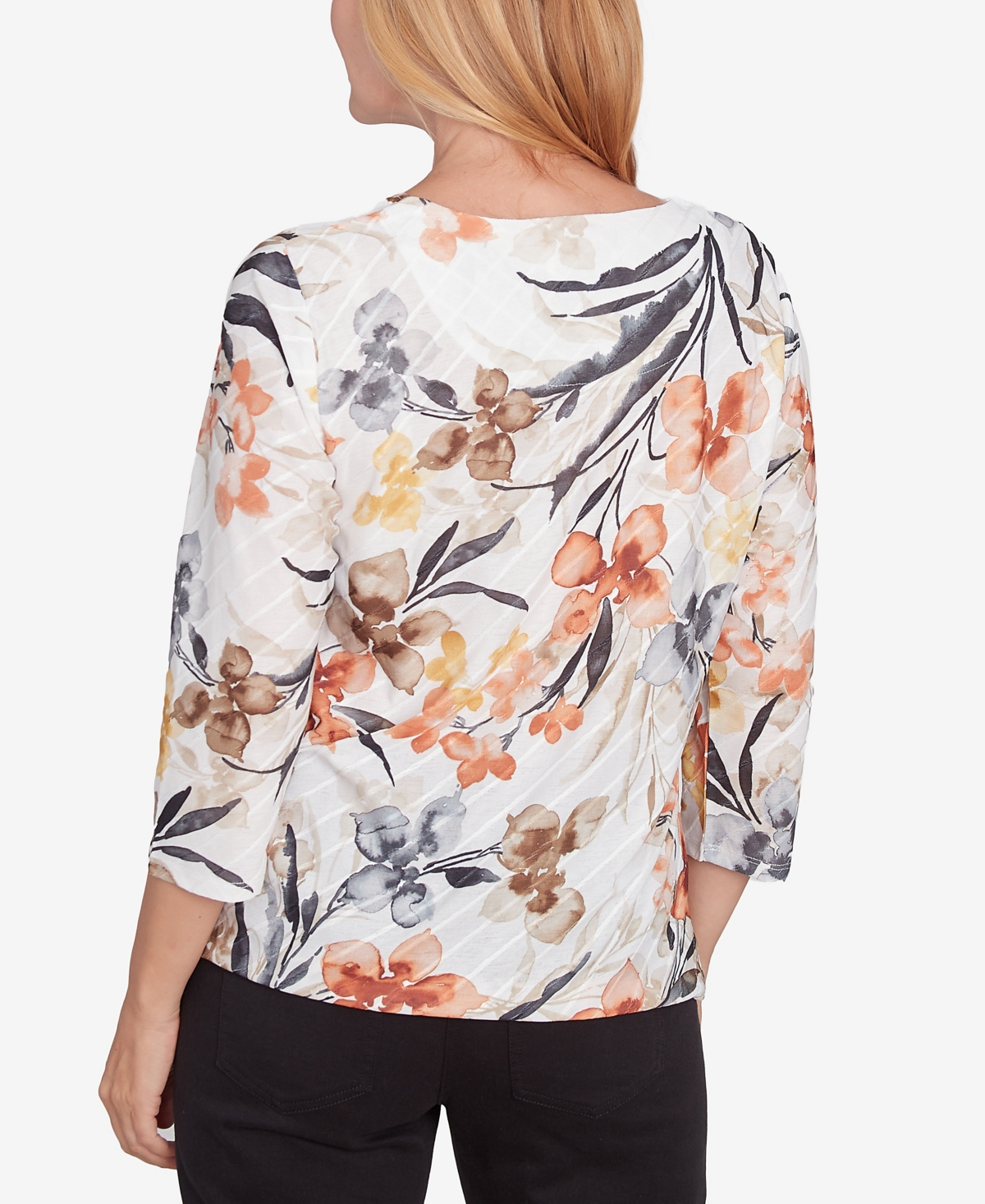 Alfred Dunner Petite Classics Watercolor Floral Crewneck Top In Neutral Multi