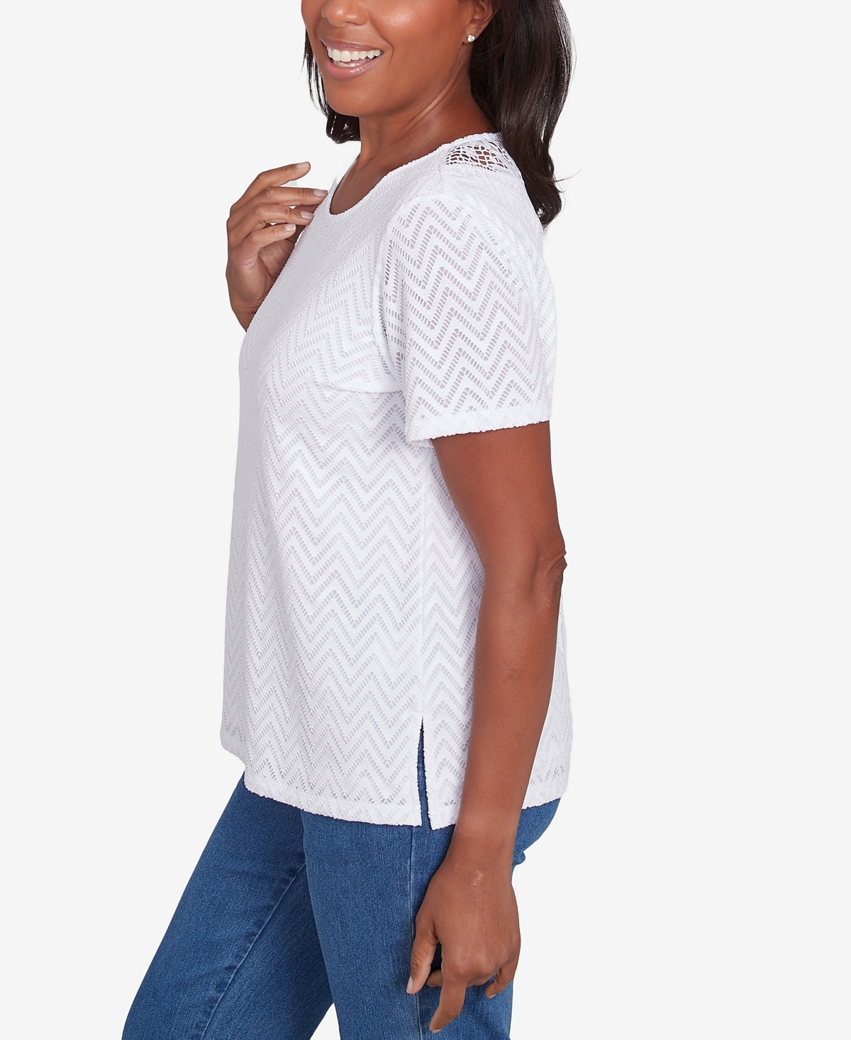 Alfred Dunner Petite Classics Textured Chevron Lace Back T-shirt In White