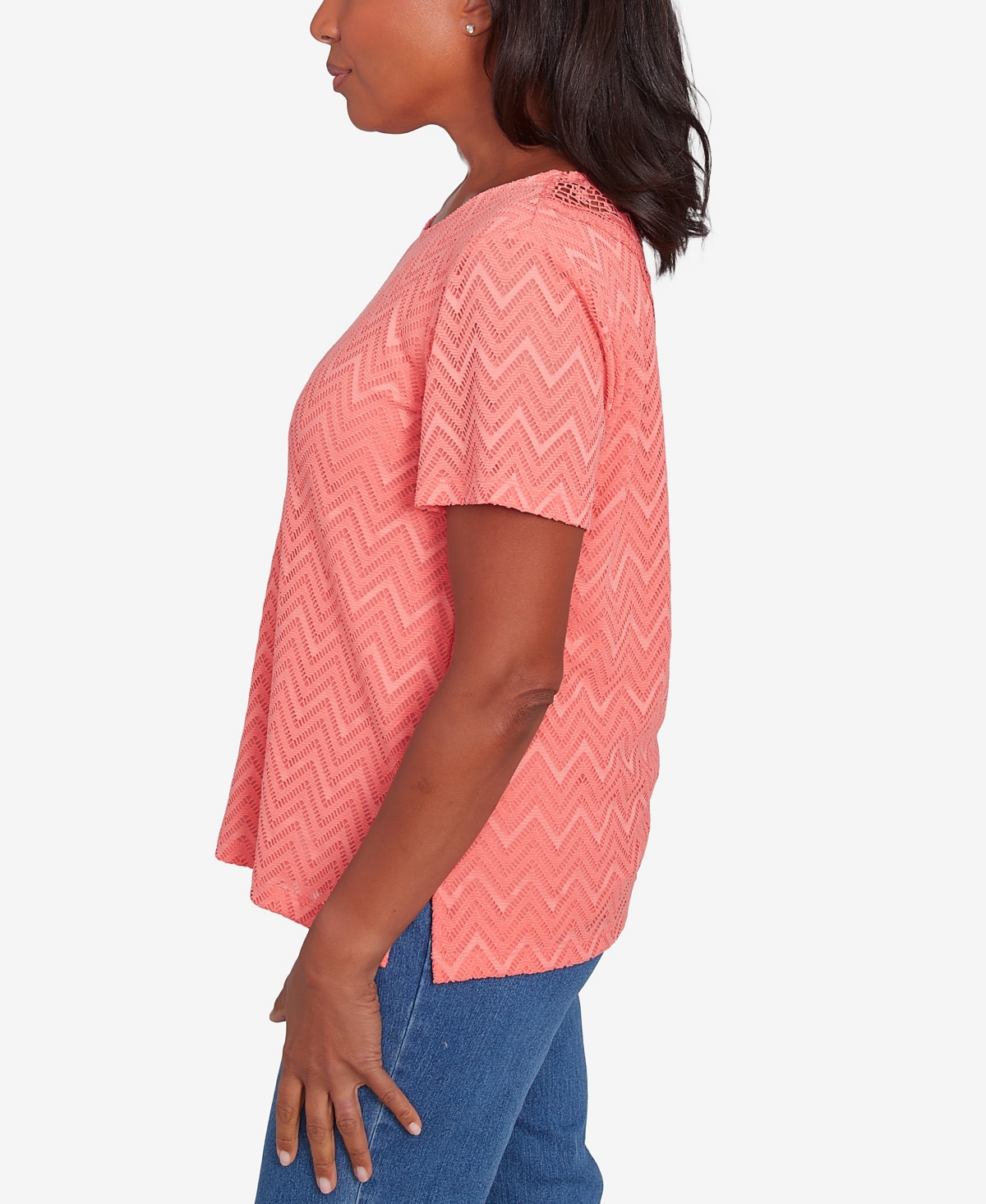 Alfred Dunner Petite Classics Textured Chevron Lace Back T-shirt In Coral