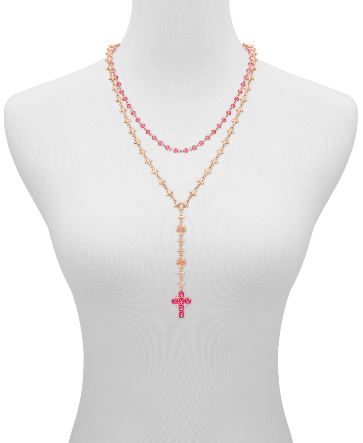 GUESS COLOR STONE & IMITATION PEARL CROSS LAYERED LARIAT NECKLACE, 24" + 2" EXTENDER 