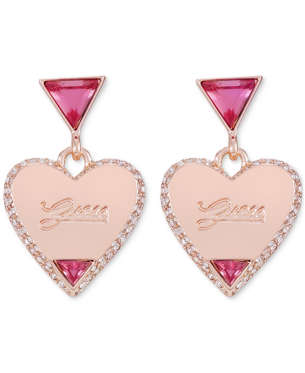 Rose Gold-Tone Pink Stone Dangle Heart Drop Earrings - Rose Gold