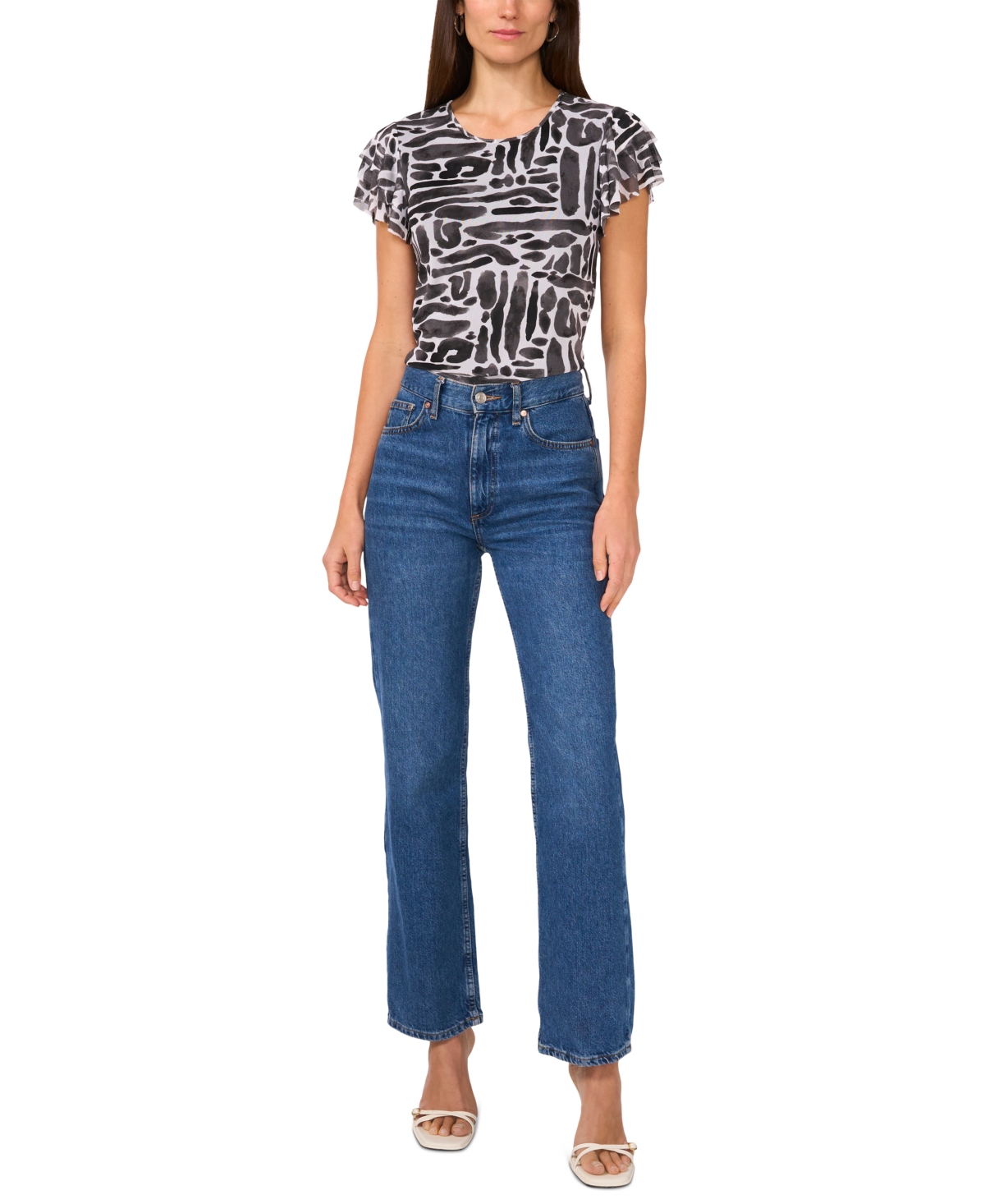 Shop Vince Camuto Women's Printed Flutter-sleeve Top In Lucent White