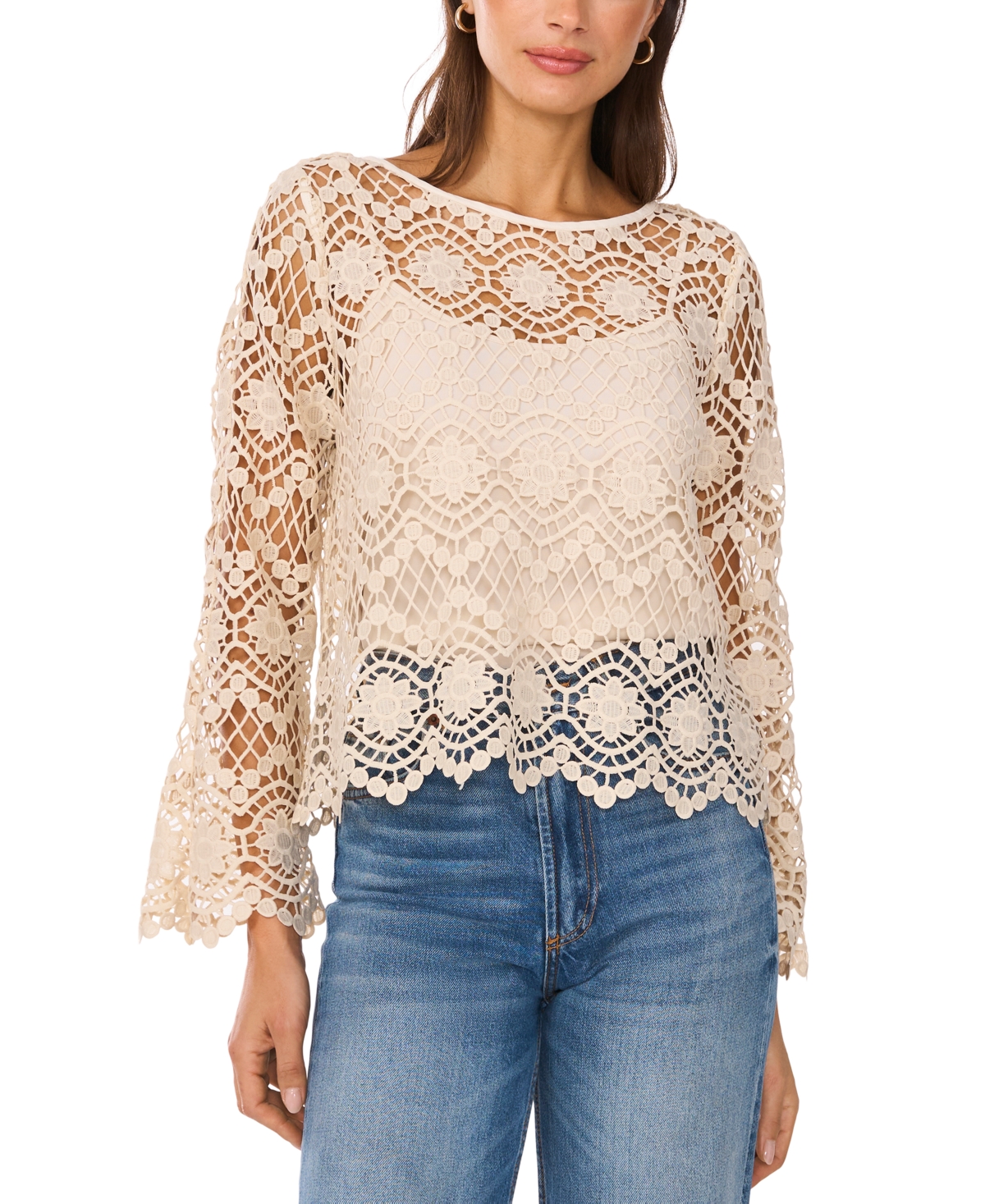 Women's Lace Boat-Neck Flare-Sleeve Top - Birch