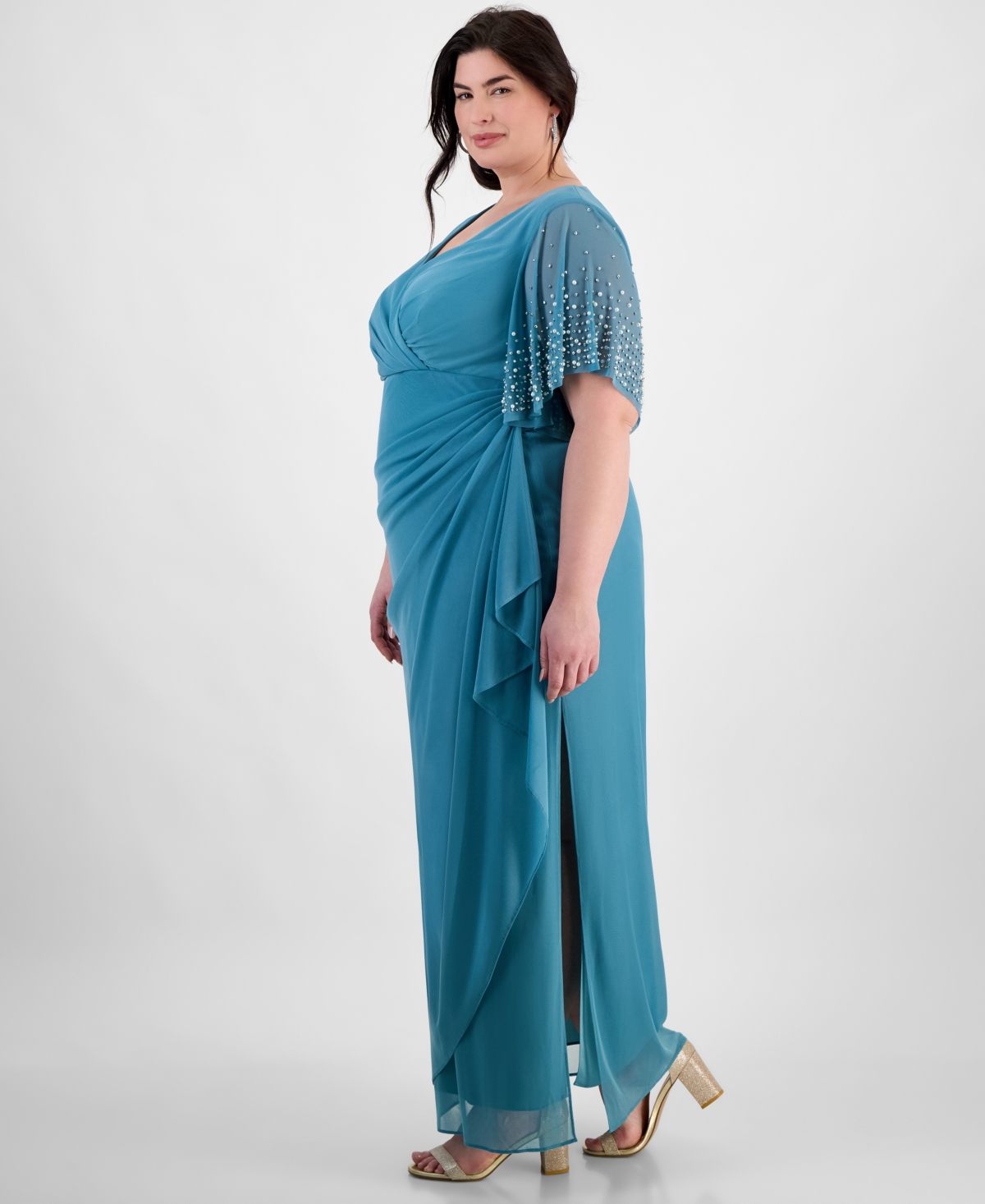 Alex Evenings Plus Size Embellished-sleeve Draped Chiffon Gown In Teal