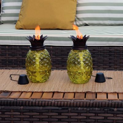 Outdoor Adjustable Height 3-in-1 Glass Pineapple Torch Set with Snuffers and Metal Poles, 2-Pack