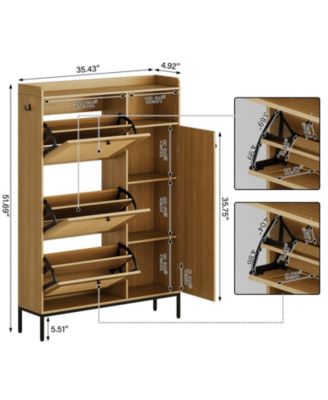Shoe Cabinet, Natural Rattan Freestanding Shoe Organizer with 3 Flip-out Drawers and 4 Open Shelves Side Cabinet, Slim Wood Shoe Rack with Metal Legs for Entryway, Hallway, Living Room