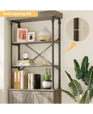 Tall Bookshelf with Doors Industrial Bookcase Freestanding Shelf Units Wood and Metal Book Shelf Storage Organizer for Bedroom