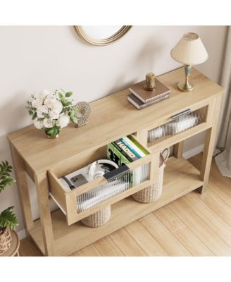 Entryway Table, Wood Console Table with 2 Glass Drawers