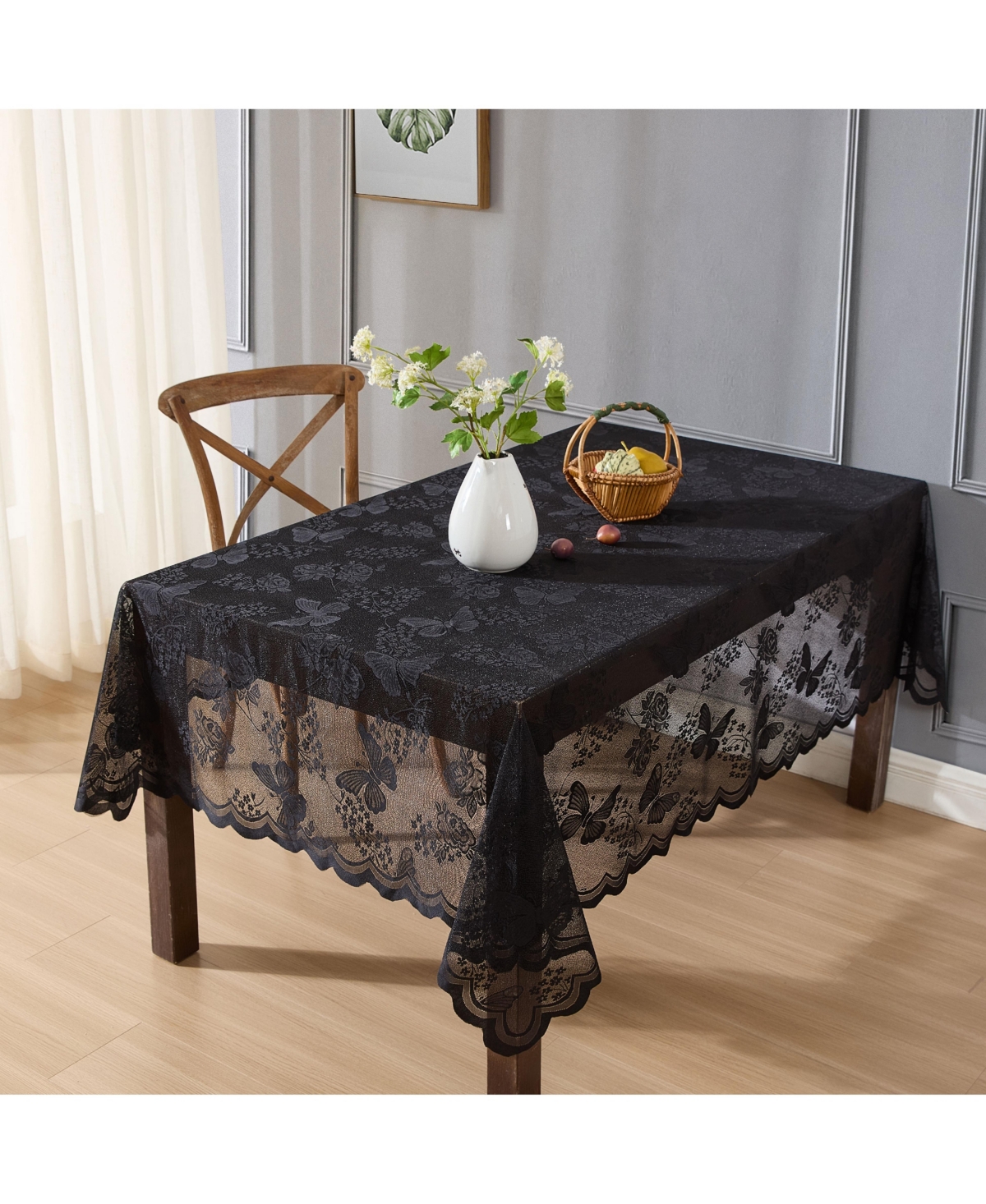 Butterfly Floral Lace Fabric Tablecloth, Lace Fabric Table Cloth for Rectangle Square Tables, Wrinkle Resistant Tablecloth, Patterned Scalloped