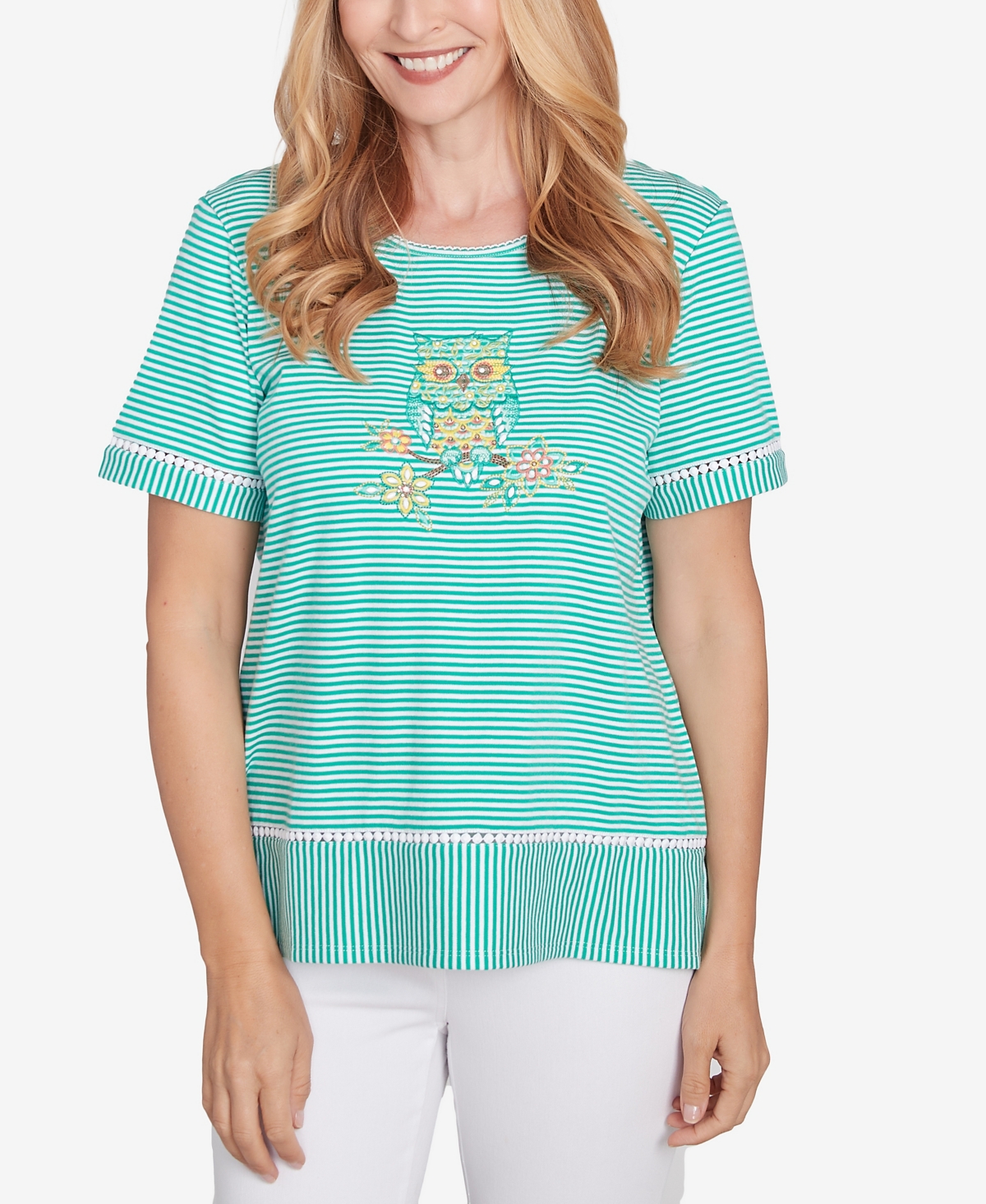 Petite Classics Owl Knit Striped T-Shirt - Jade
