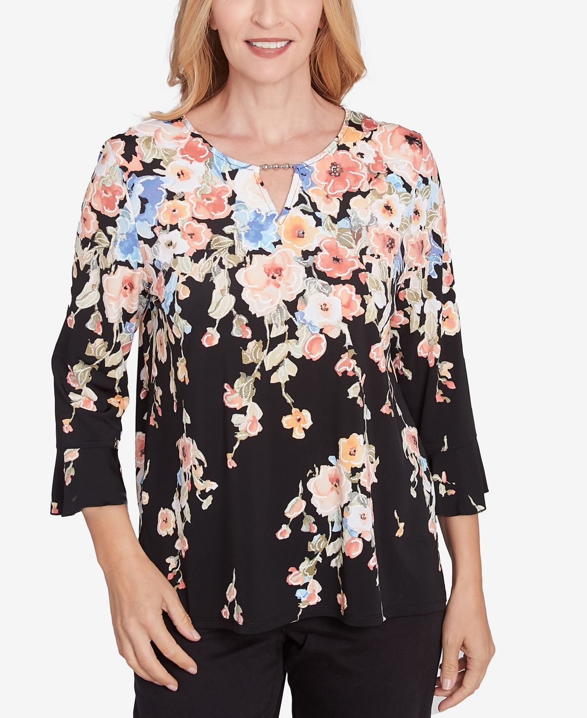 Alfred Dunner Plus Size Classic Falling Flower Beaded Split Neck Top In Black