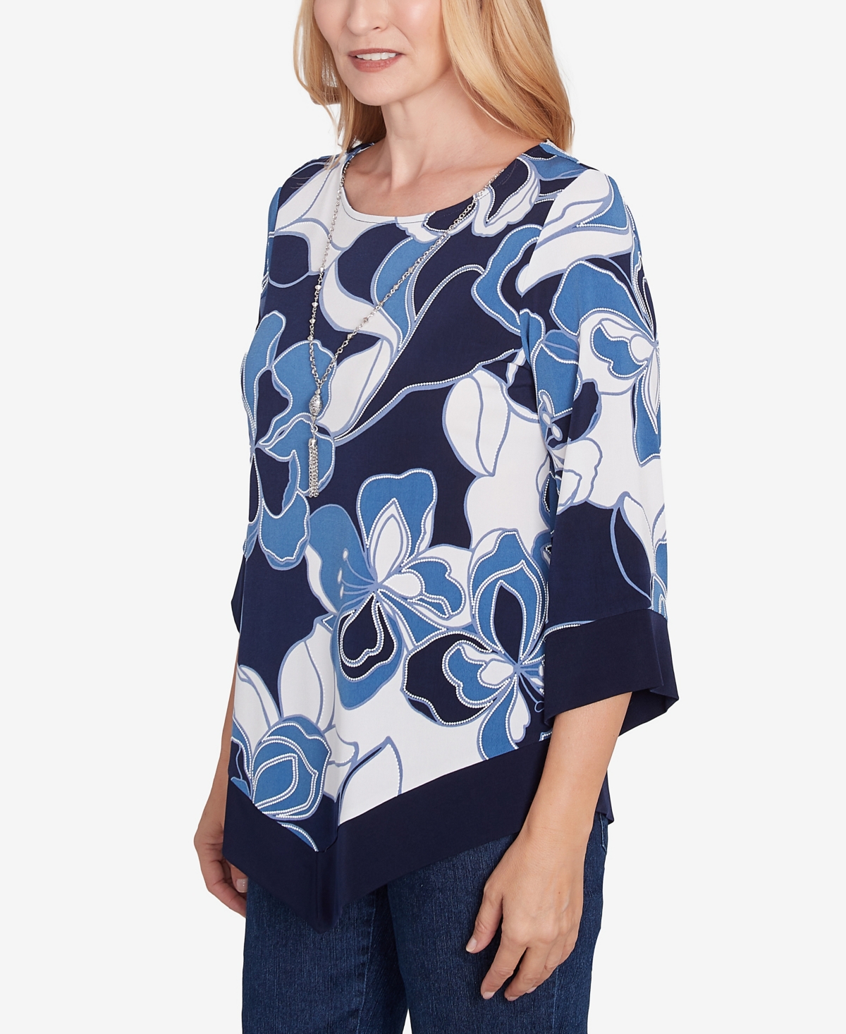 Alfred Dunner Plus Size Classic Abstract Bold Floral Patchwork Top With Necklace In Navy