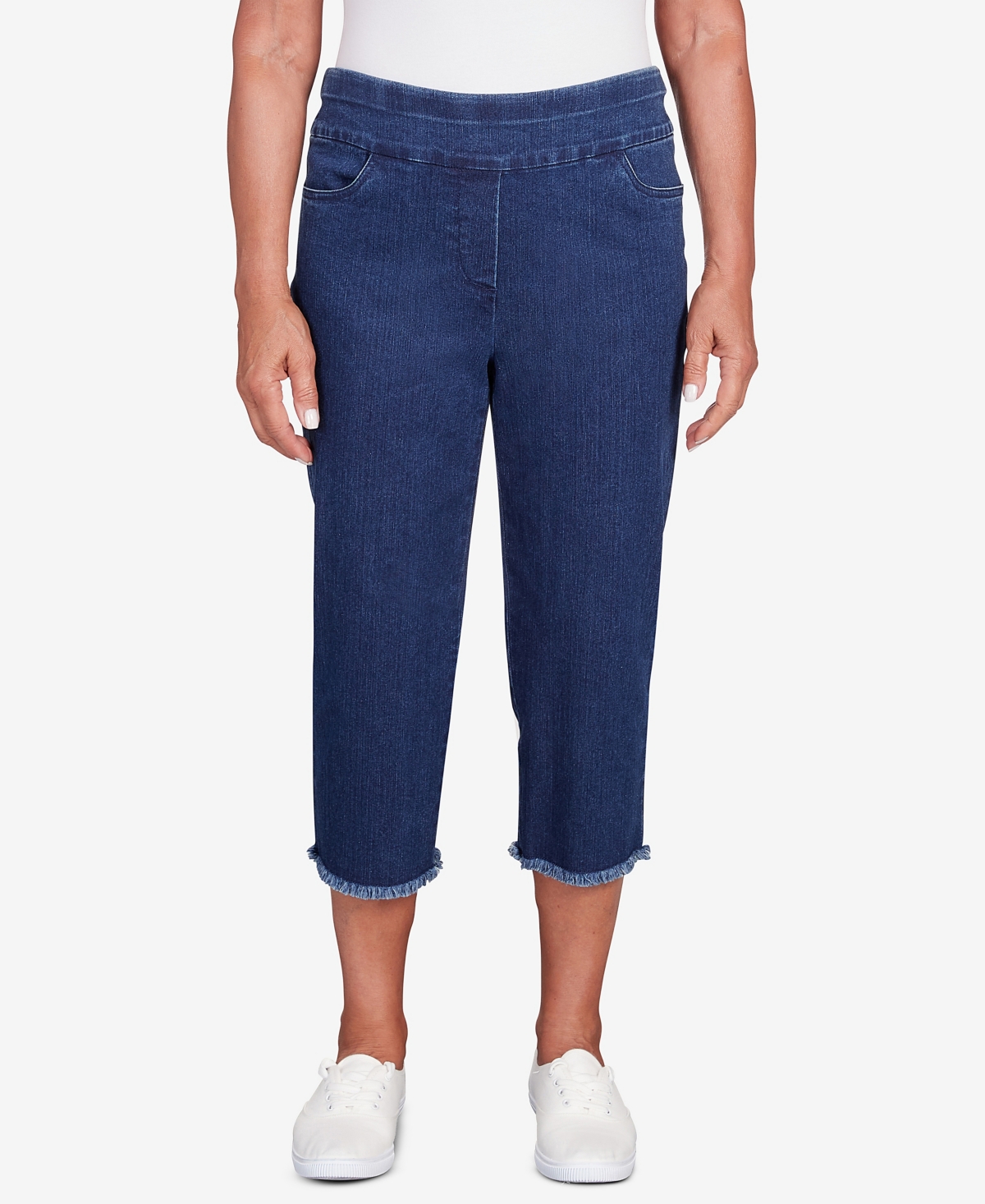 Alfred Dunner Petite Classic Neutrals Superstretch Denim Fringe Capri Pants In Dark Denim