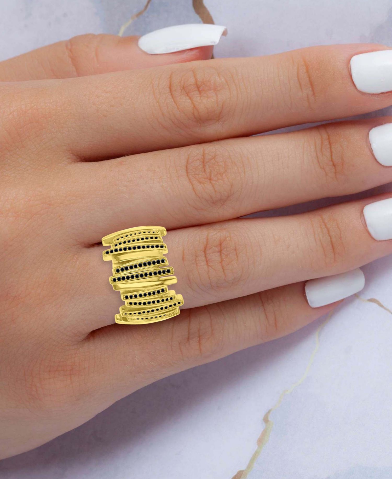 Black Cubic Zirconia Multi Row Ring in 14k Gold Over Sterling Silver