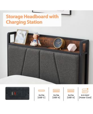 Twin Size Bed Frame with 2 Storage Drawers and Charging Station, Rustic Linen Upholstered Platform Bedframe with Storage Headboard