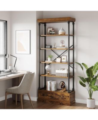 Bookshelf with Drawers Tall Bookcase 5 Tier Bookshelves Vintage Bookshelf