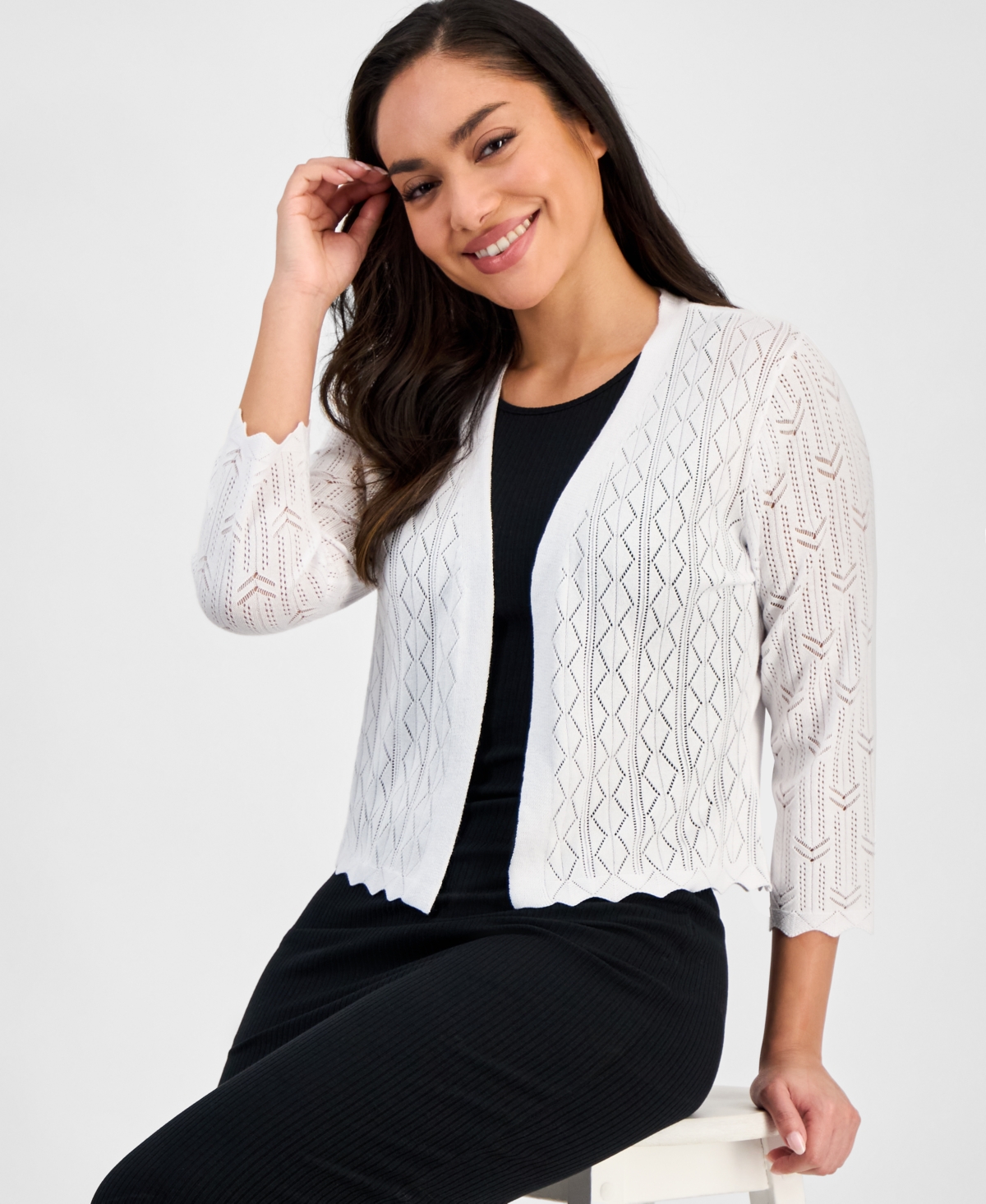 Robbie Bee Petite Pointelle Knit 3/4-sleeve Open-front Shrug In White