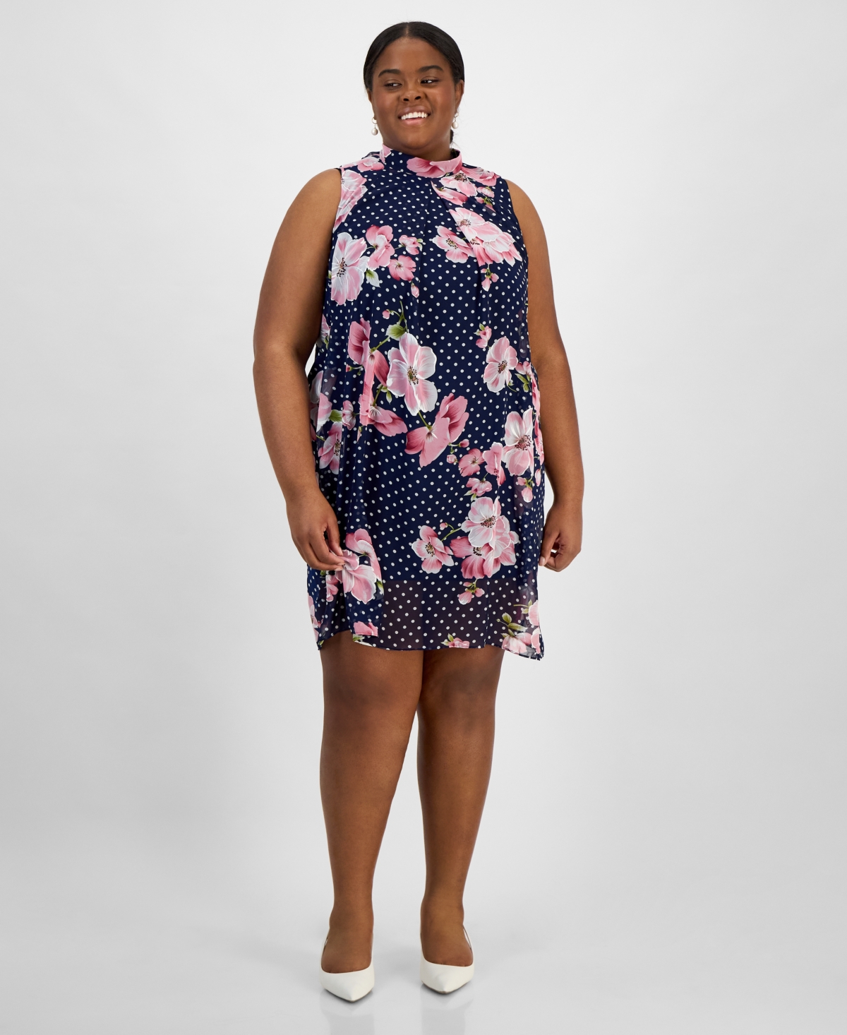 Plus Size Printed Mock Neck Sleeveless Shift Dress - Navy Pink